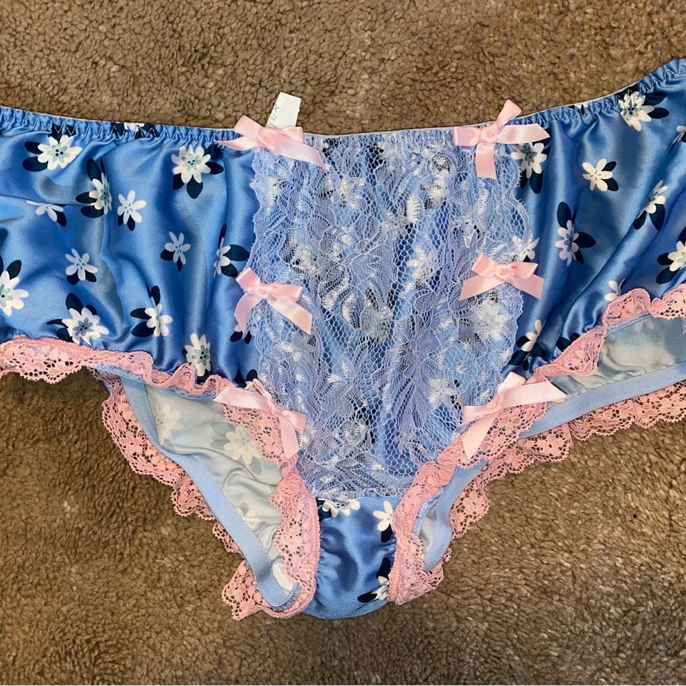 Floral Lace Trim Satin Panties - Blue and Pink